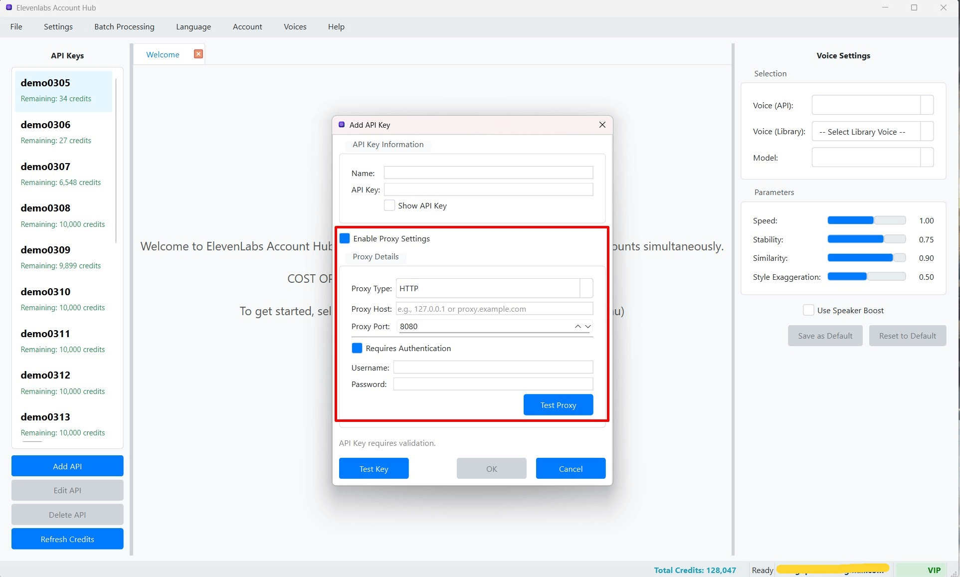 Phần cấu hình Proxy trong hộp thoại Quản lý Khóa API